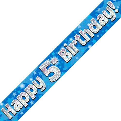 Happy 5th Birthday Blue Holographic Banner